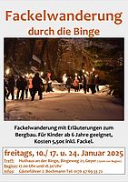 Fackelwanderungen durch die Binge freitags 17 und 18.30 Uhr am 10./ 17. und 24. Januar 2025, Anmeldung erforderlich