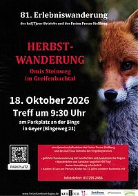 81. Erlebmniswanderung - Herbstwanderung Omis Steineweg und Greifenbachtal am 18.09.26, Treff 9:30 Uhr an der Binge